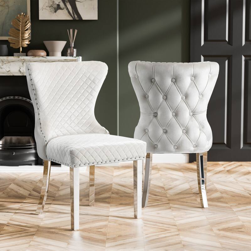 Furniture of America Thaddeus Glam Fabric Dining Chair with Nailhead Trim (Set of 2) - White & Silver