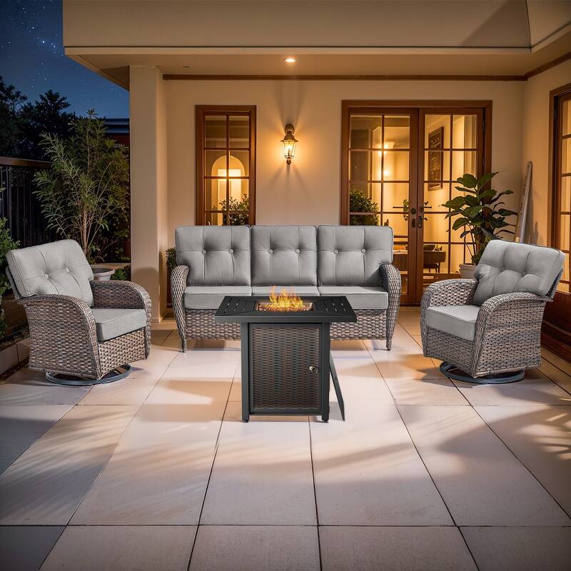 Pocassy Outdoor 30 In Fire Table with Sofa Swivel Chair Set - Brown Wicker Gray Cushion - 6-Piece Sofa Swivel Chair with Fire Pit Table