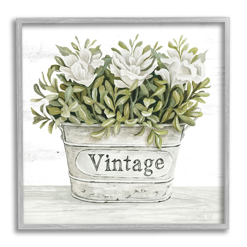 Stupell Vintage Flower Planter Rustic Blooms Full Leaves Framed Wall Art, Design by Cindy Jacobs - Green - 17 x 17 - Grey
