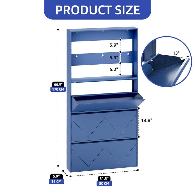 Moasis Wall-Mounted Shoe Cabinet with 3 Flip Drawers, Shoe Organizer with Hanging Bars and Hooks