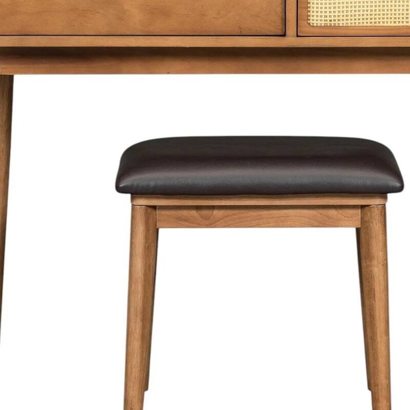 HomeRoots 48" Brown Wood Three Drawer Vanity Table With Mirror And Seating