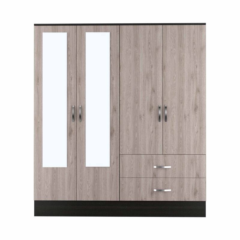 HomeRoots 71" Light Oak and Black Four Door Wardrobe Closet with Mirrors