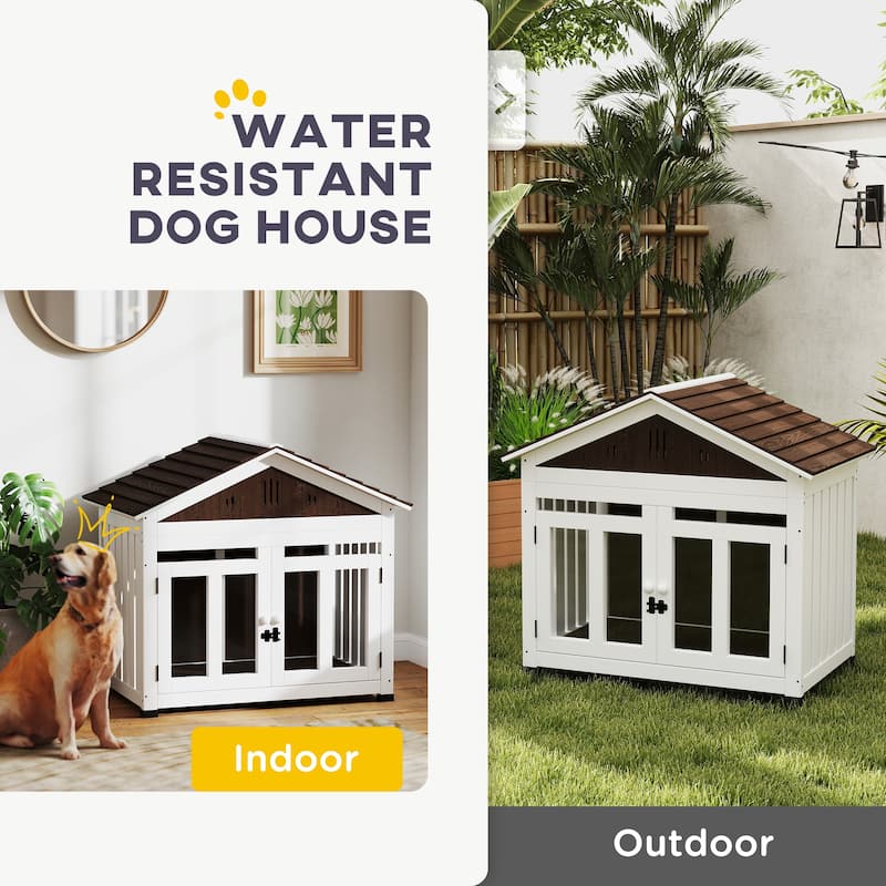 PawHut 40"L Dog House Outdoor Indoor, Wooden Dog Kennel for Small, Medium, Large Dogs, Puppy Shelter