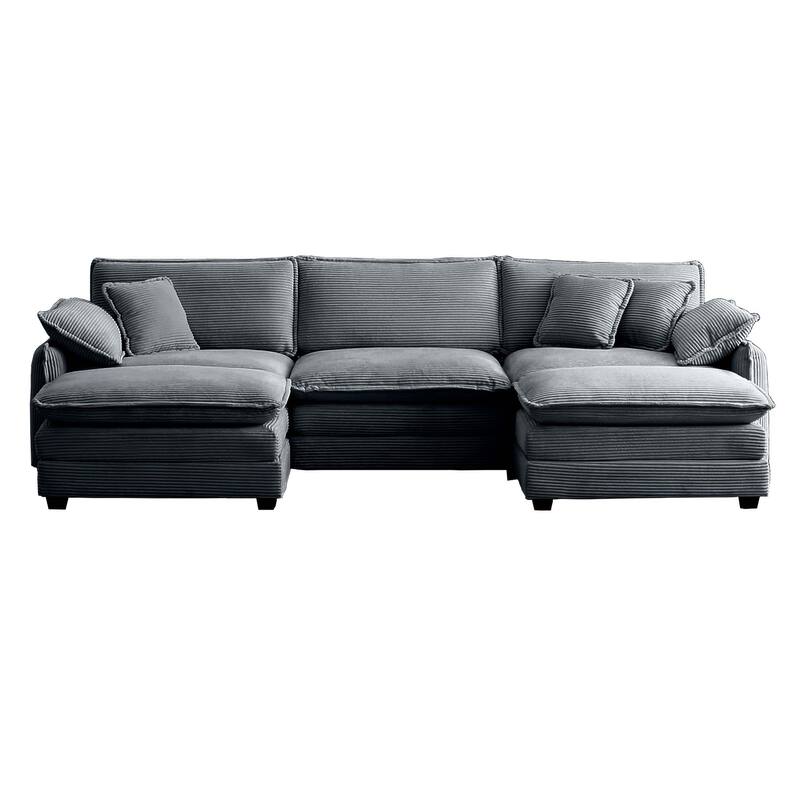 Grey 5-Piece Corduroy U-Shaped Modular Sectional Sofa with 2 Ottomans