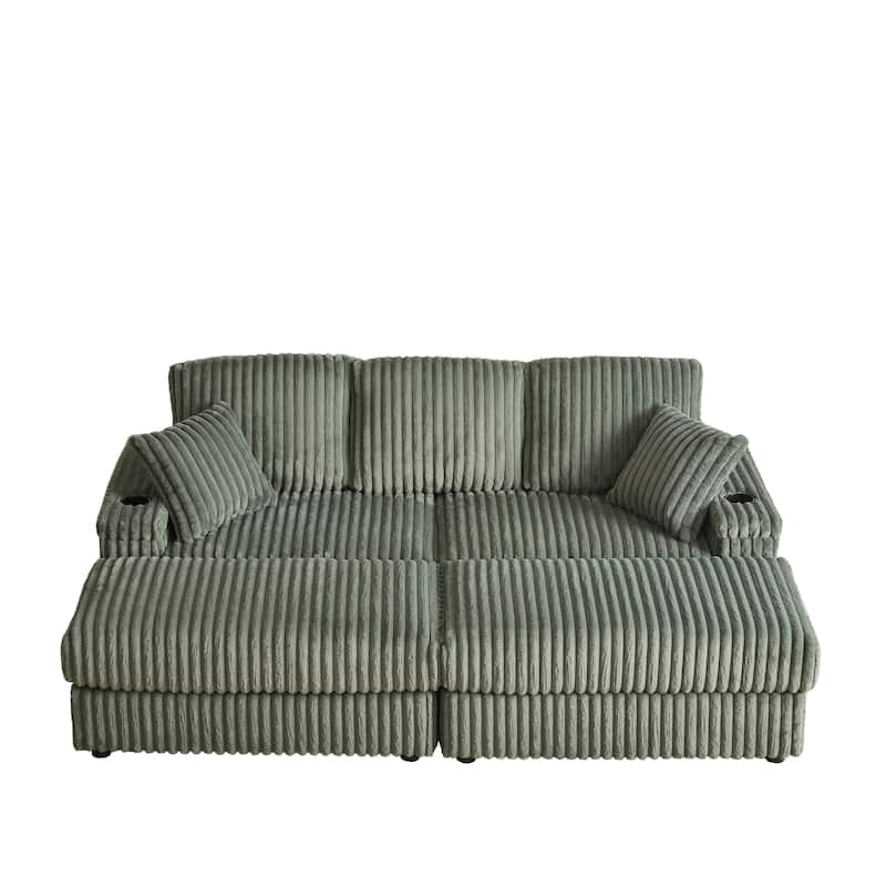 84" Corduroy 3-Seater Sofa with Storage, Ottoman and Cup Holders, Includes 5 Pillows