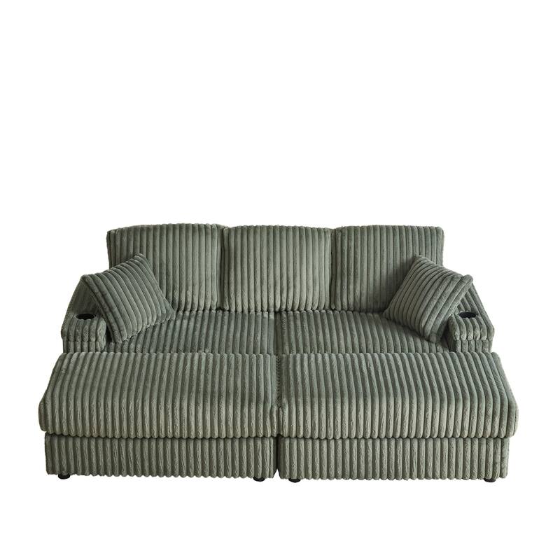 Deep Seat Sectional Loveseat Set with 2 Ottoman and 2 Pillows, Corduroy Chaise Lounge Bed with 2 Storage Spaces and Cupholding
