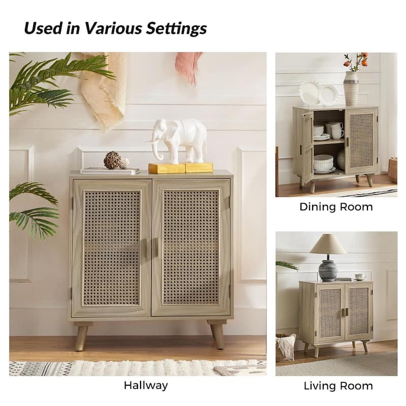 Woodland Multifunctional Rattan-Accented 2-Door Storage Stackable Buffet Cabinet with Solid and Wood Frame by HULALA HOME
