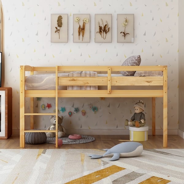 slide 2 of 21, Maximized space Design Low Wood Loft Beds with Ladder and Guardrails, Solid Construction, Twin Walnut