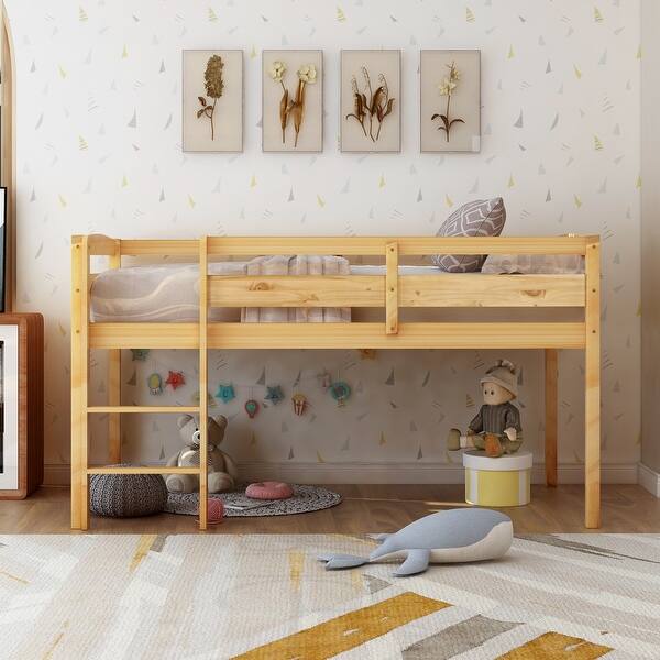 slide 2 of 21, Twin Size Low Loft Bed with Ladder & Guardrails, Wooden Twin Bed Frame Walnut - Twin
