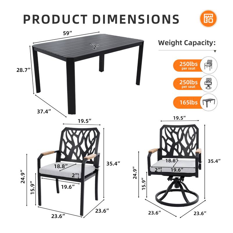 7PC Outdoor Aluminum Dining Furniture Set with 4 Dining Chairs and 2 Swivel Rockers, Rectangular Dining Table with Umbrella Hole