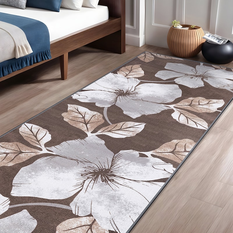 Bahamas Black White Floral Non-Slip Rubber Back Indoor Area Rug