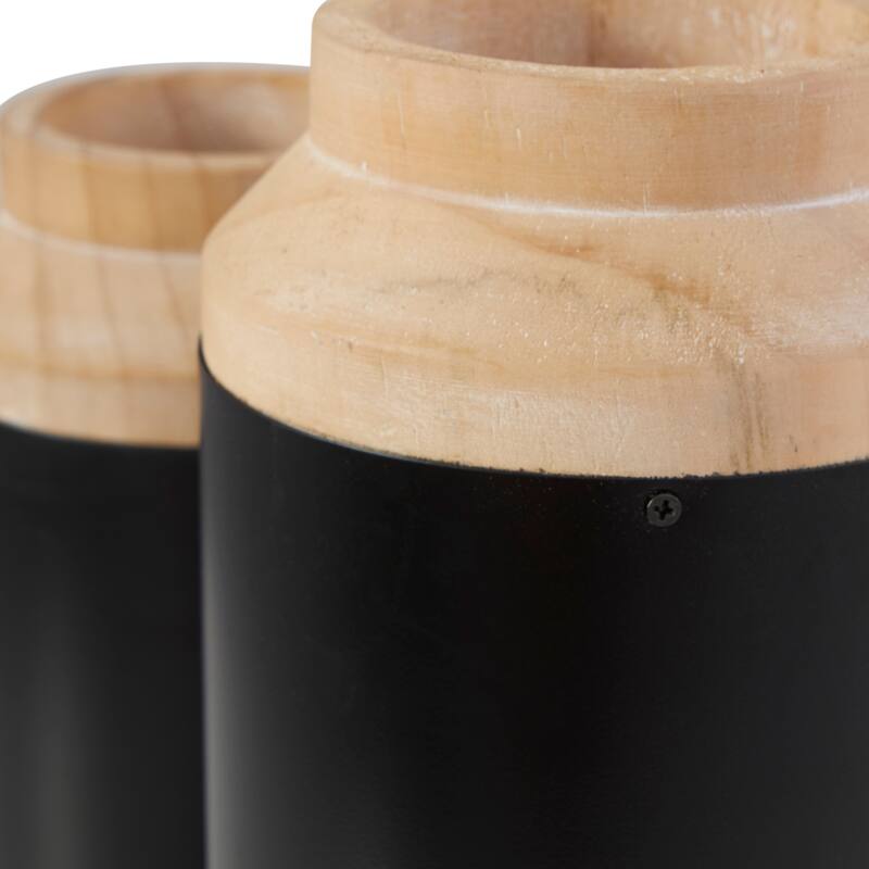 Black Wood Colorblock Decorative Vase with Light Brown Wood Tops (Set of 2)