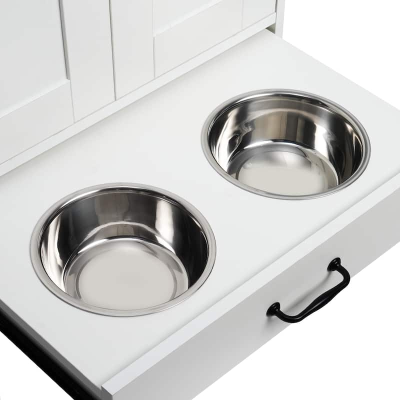 Dog Feeding Station, Dog Food Storage Cabinet with Hidden Dog Bowls, Adjustable Panel, Hooks, for Medium Sized Dogs