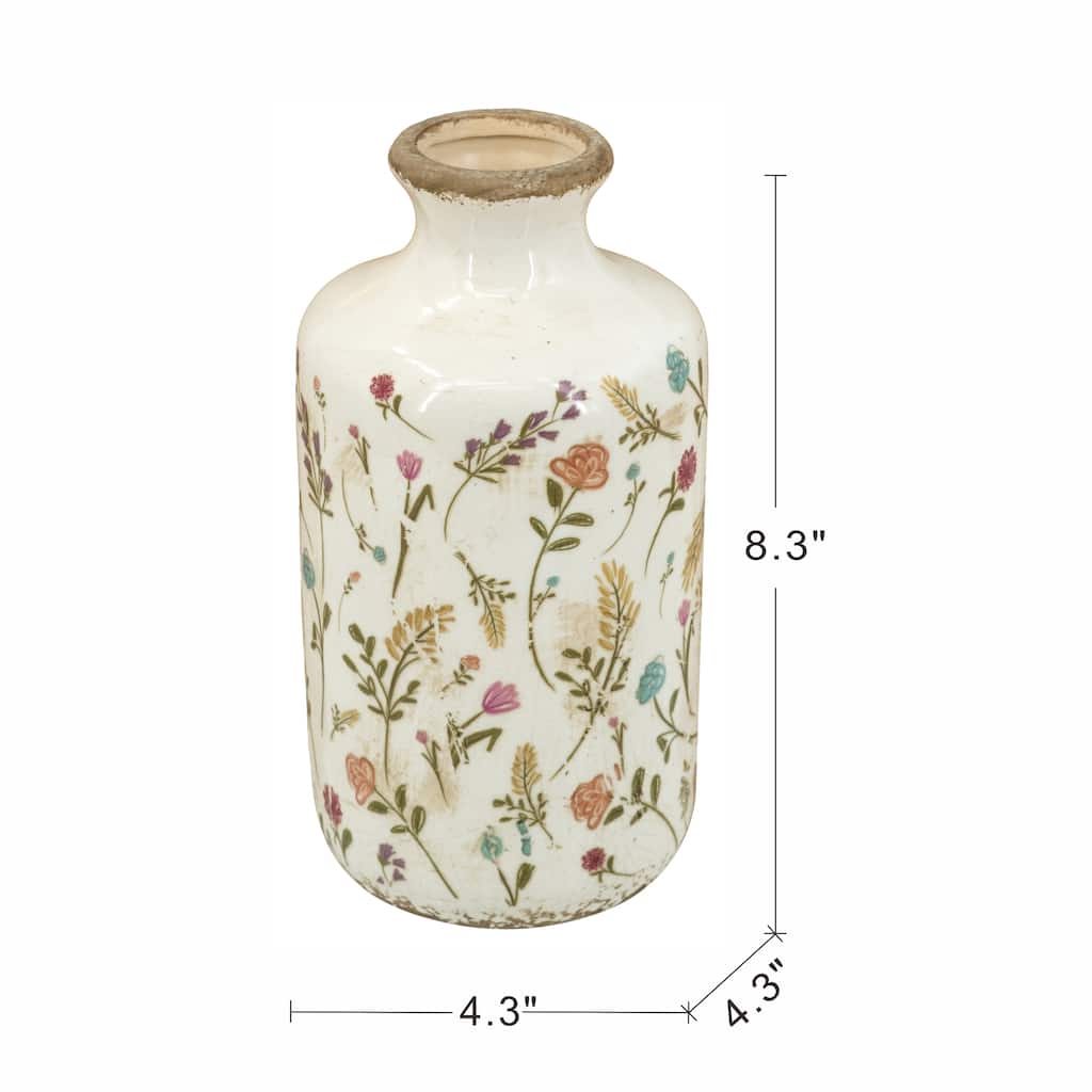 Rossetta Ceramic Cylinder Multi Colored Floral Motifs Vase with Weathered Rim Home Accent Tabletop Decor