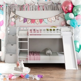 Twin Over Twin Bunk Bed With Drawers With Convertible Ladder And Slide
