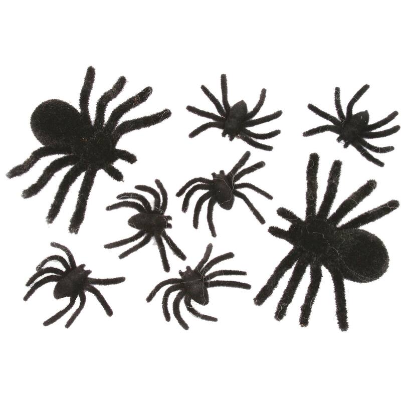Set of 8 Black Fuzzy Spider Family Card Halloween Prop