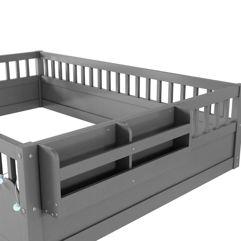 Montessori Floor Bed Frame with High Rails, Wood Toddler Floor Bedframe with Light and Headboard Storage Shelf for Kids Room