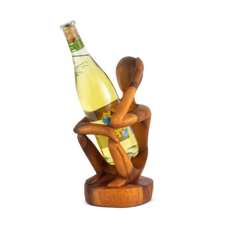 12" Wooden Abstract Hand Carved Wine Rack Bottle Holder "Thinking Man" Free Standing Thinker Handmade Wood Home Decor