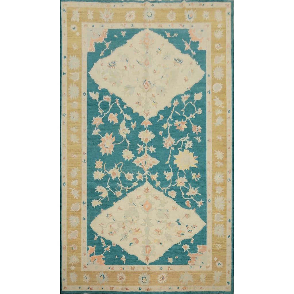 Hand Knotted Oriental 100% Wool Carpet Transitional Floral Green Oushak Area Rug - 14' 10'' X 9' 4''