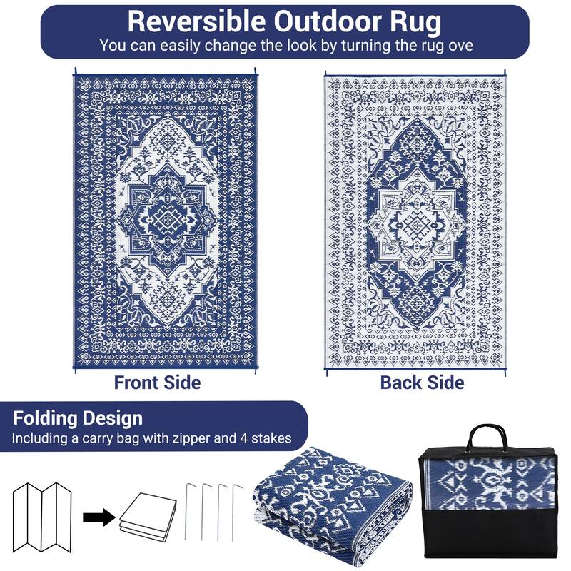 Outdoor Patio Rug Waterproof Reversible Carpet Vintage Boho Medallion Rug Plastic Straw Rug