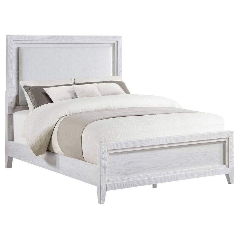 Leva Queen Bed, Upholstered LED Headboard, Modern White Acacia Wood