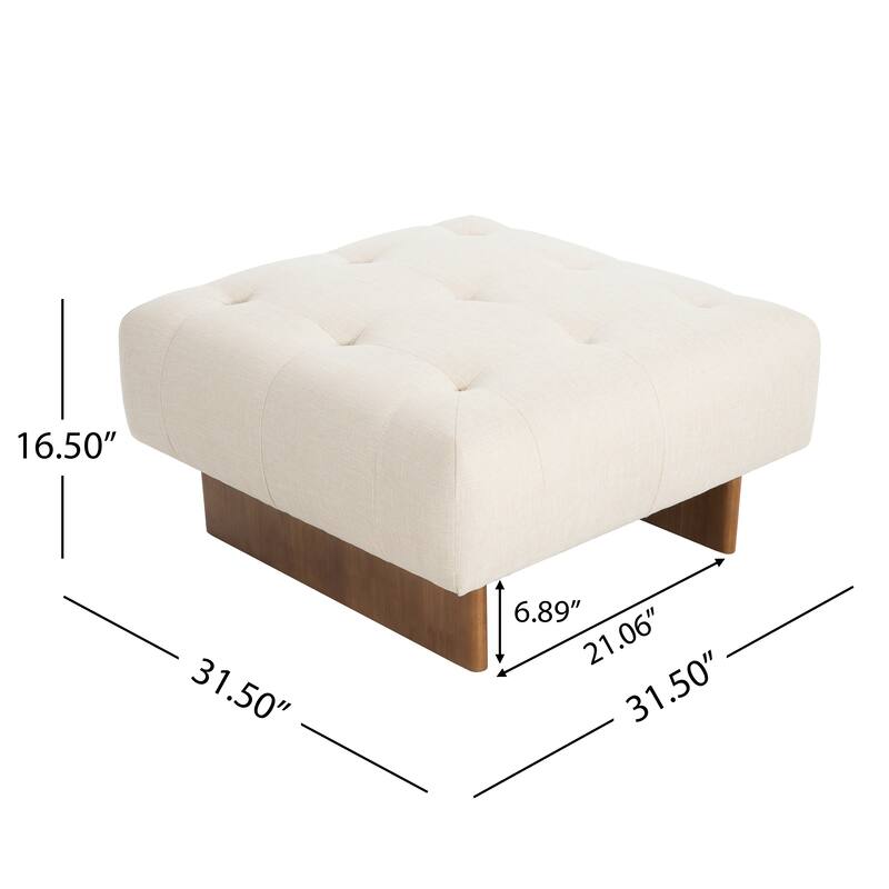 Square Upholstered Tufted Linen Fabric Ottoman, Solid Wood Legs, Beige