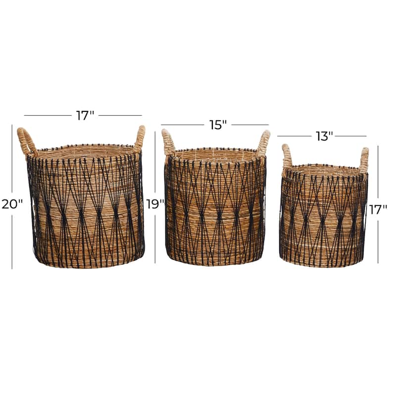 Brown Banana Leaf Handmade String Detail Decorative and Functional Storage Basket with Handles (Set of 3)