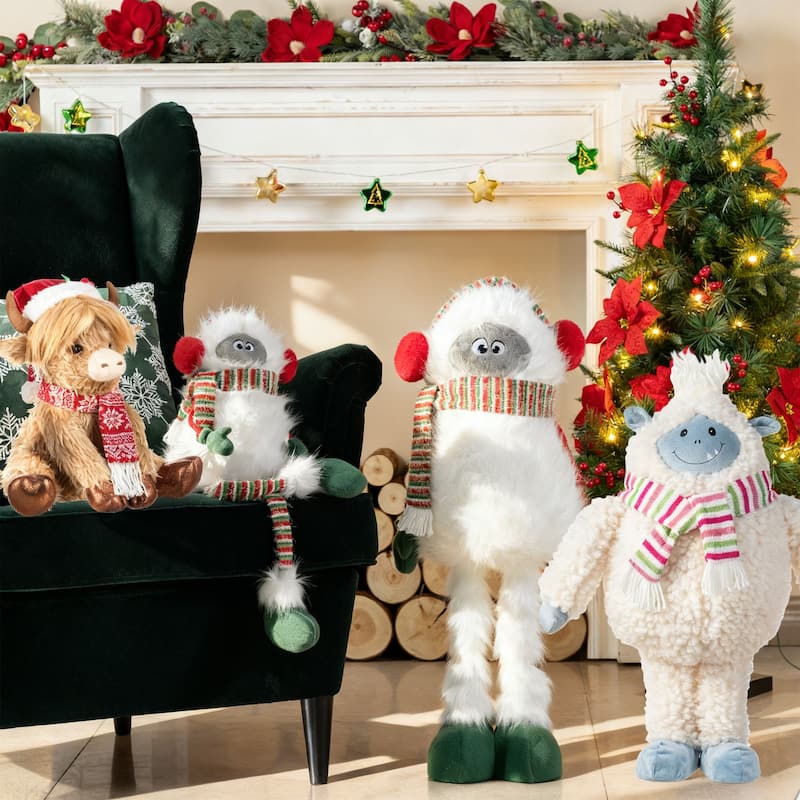 Glitzhome Fabric Christmas Yeti Snowman Highland Cow Shelf Sitters or Standing Figurines Decor