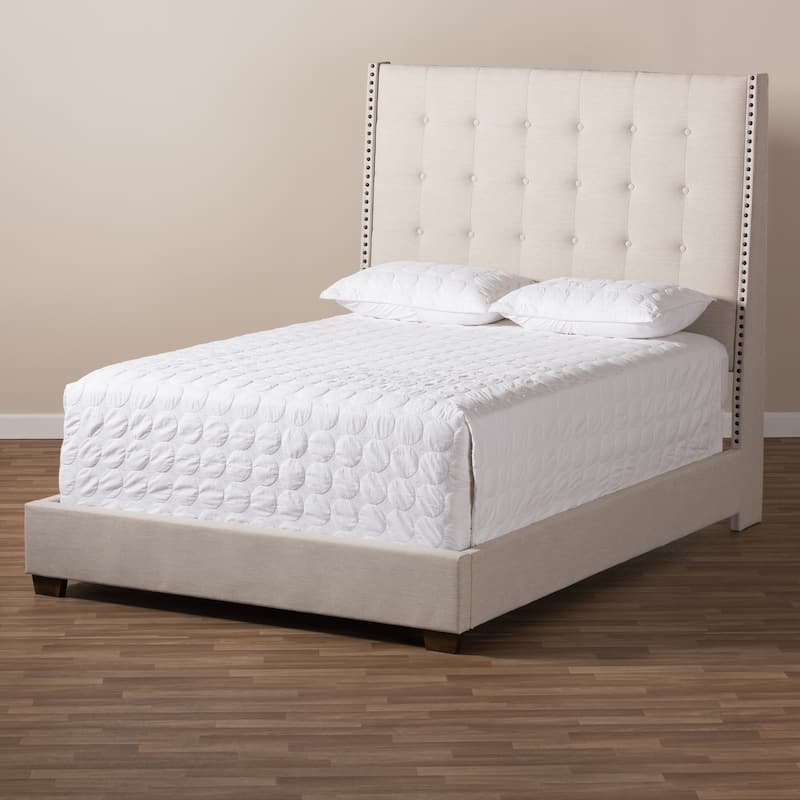 King Size Bed Frame Upholstered Beige Boho Headboard Nailhead Tufted Bed