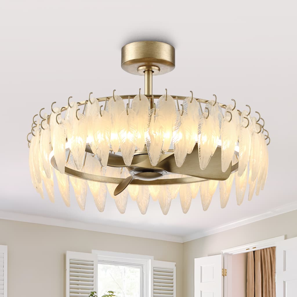 32" Rusted Silver Glass Feather 3-Blade Fandelier Caged Ceiling Fan with Light and Remote