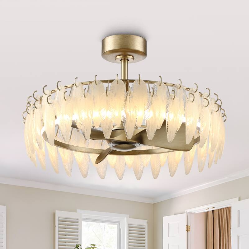 32" Rusted Silver Glass Feather 3-Blade Fandelier Caged Ceiling Fan with Light and Remote