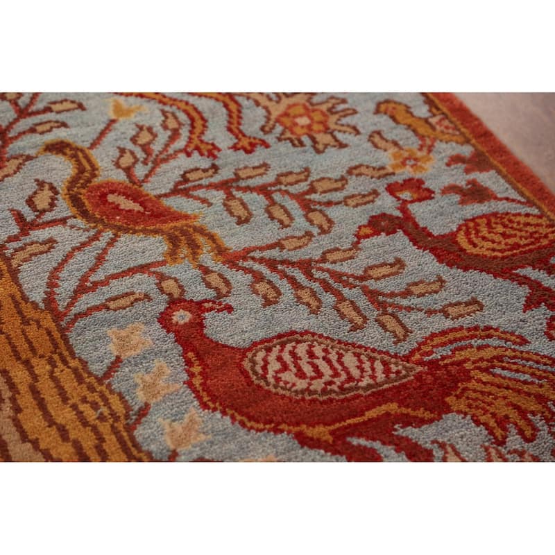 Animals Design Blue Ziegler Indian Runner Rug Hand-Knotted Wool Carpet - 2'6"x 7'11"