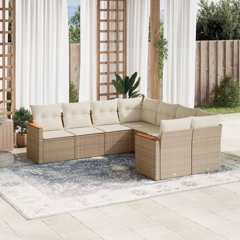 vidaXL Patio Sofa Set with Cushions Outdoor Furniture 8 Piece Poly Rattan - 24.4 x 24.4 x 27.2 in - Beige