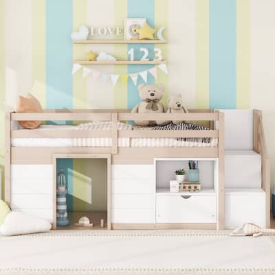 Solid Wood Twin Size Low Loft Bed with Stair and Drawer