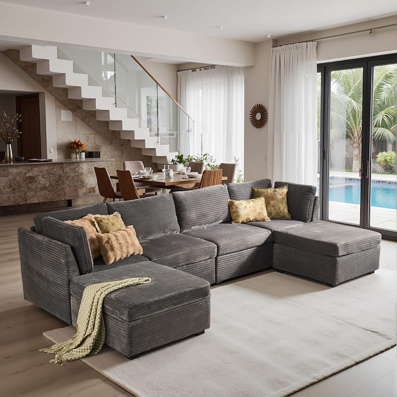 HOOOWOOO Modular U-shaped Corduroy Fabric Sectional Sofa Couch with Ottoman - Grey-Corduroy