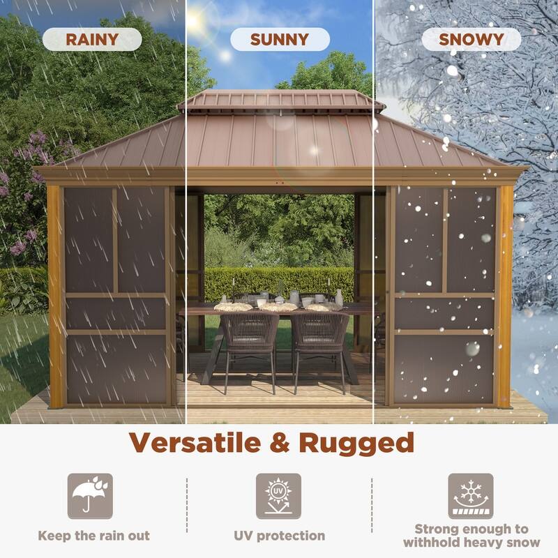Outdoor Hardtop Sunroom Gazebo with Double Roof & Sliding Doors, All-Season Aluminum Outdoor Pergola, PE Screens&Lockable Design