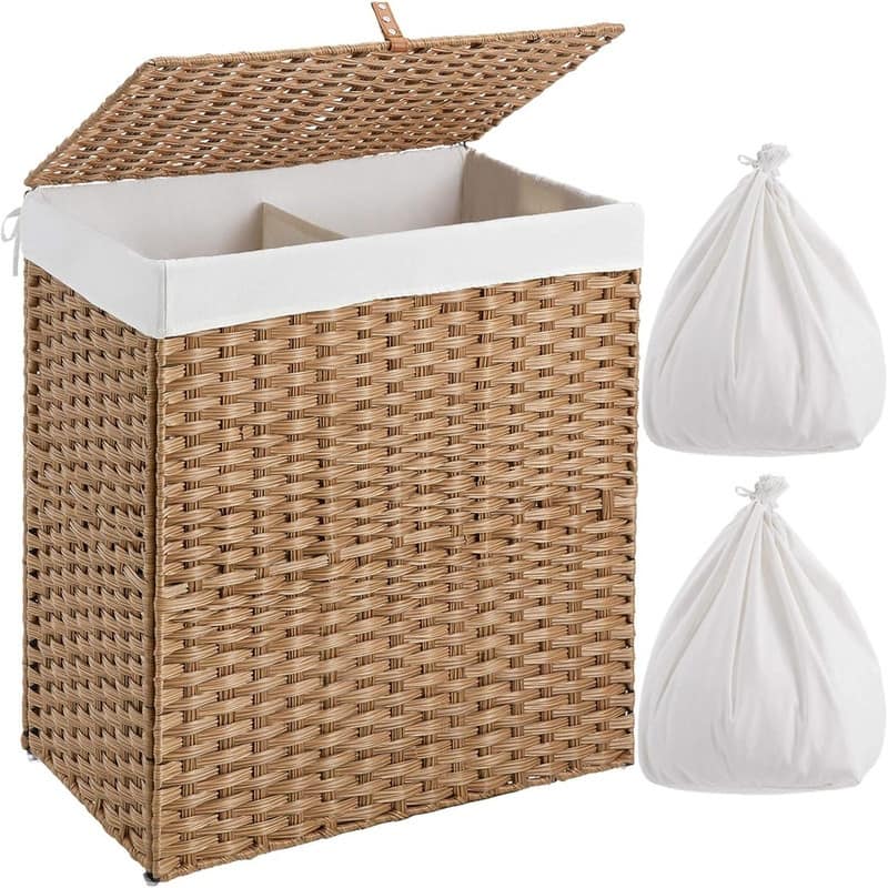110L Wicker Laundry Baskets Foldable 2 Removable Liner Bags - 22.2"L x 13.3"W x 24"H - Natural