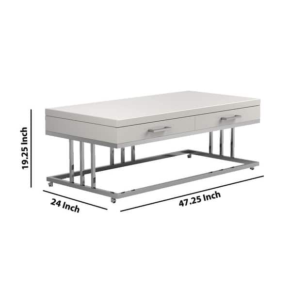 2 Drawer Glossy Rectangular Coffee Table with Casters, White and Silver