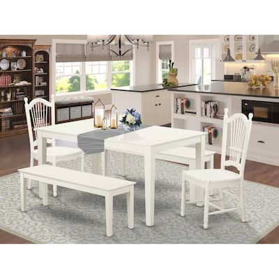 HomeStock 5-Piece Rectangle Linen White Finish Solid Wood Top Dining Table with 2 Benches, 2 Chairs with Lattice Back