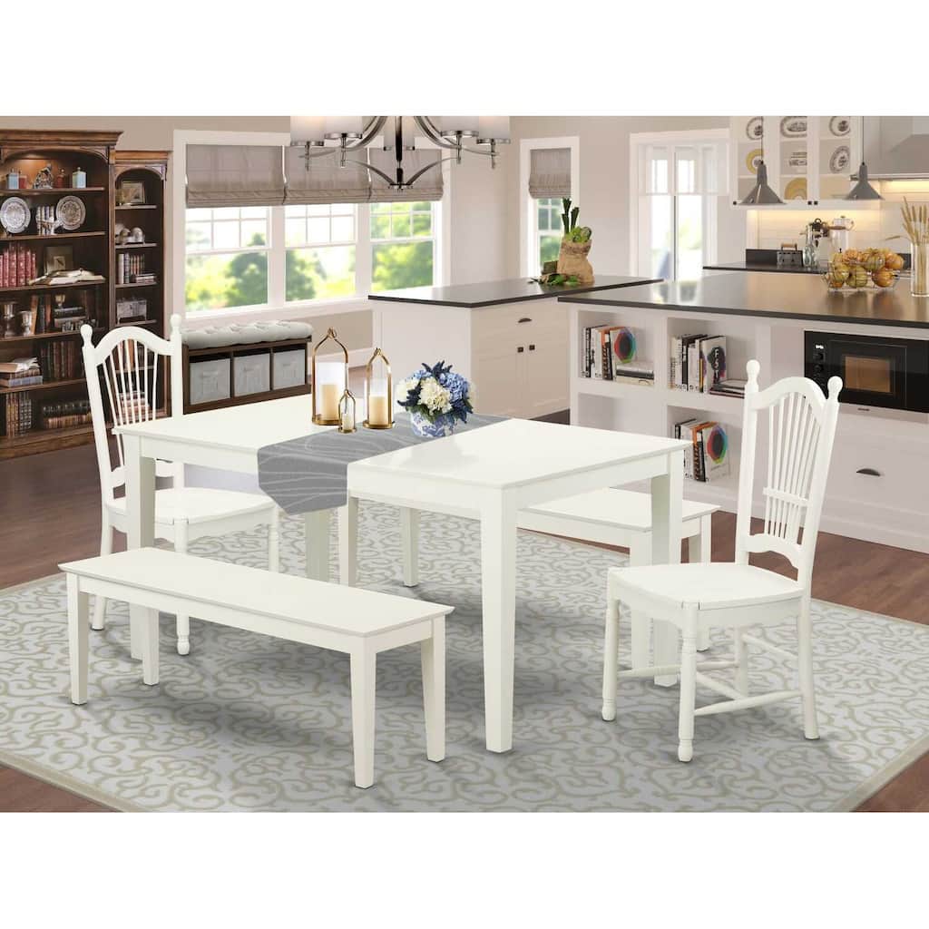 HomeStock 5-Piece Rectangle Linen White Finish Solid Wood Top Dining Table with 2 Benches, 2 Chairs with Lattice Back
