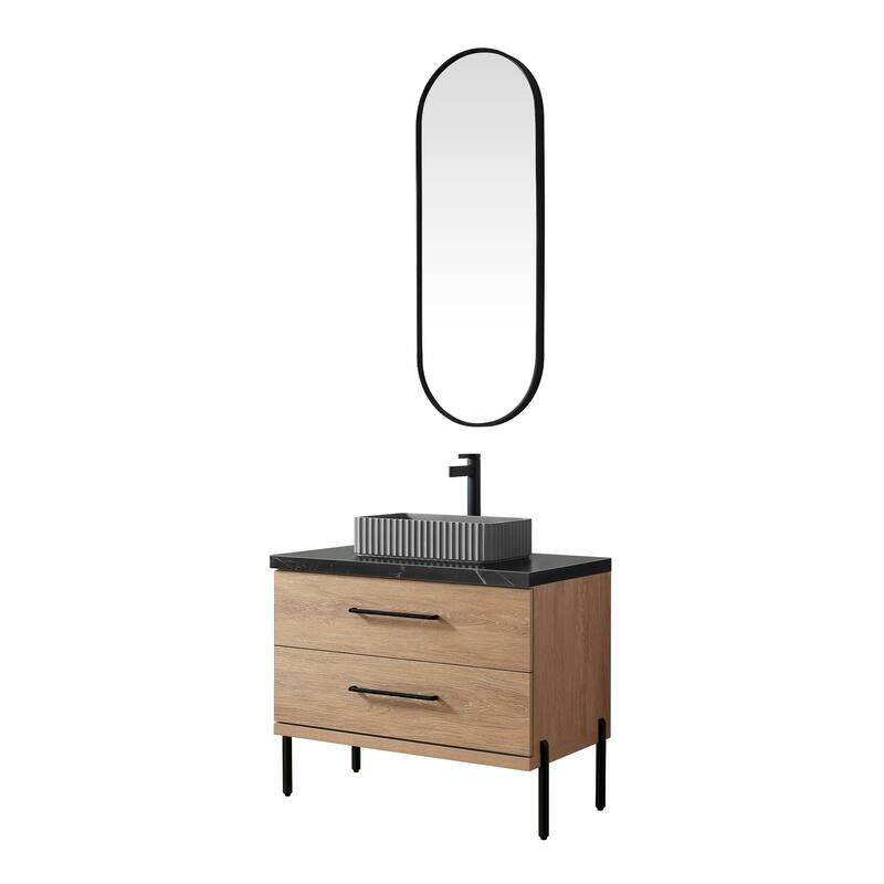 Trento Bath Vanity, Sintered Stone Top with Concrete Sink & Mirror - 36in. - North American Oak(Rectangular Sink)