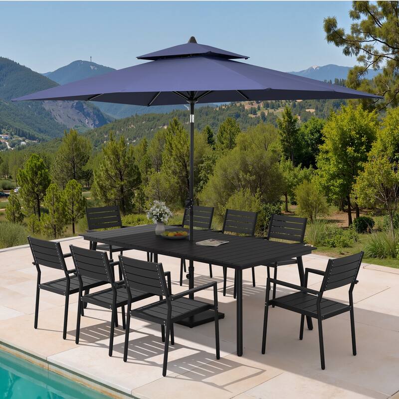 11PC Outdoor Patio Dining Set WoodLike Aluminum Umbrella Hole Table with Stackable Armchairs,Double Top Market Umbrella and Base - BlackTable&BlackChairs&NavyBlueUmbrella