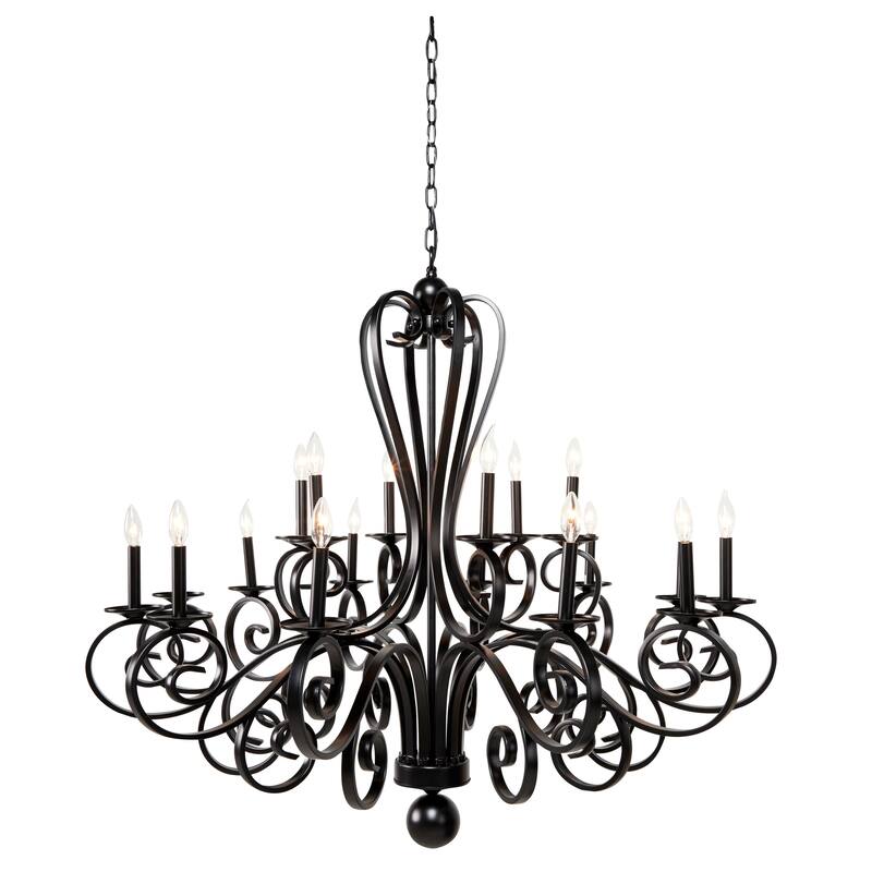 Metal Antique Style Holding 12 or 18 Light Chandelier with Scrolls - Black - Roche River Decor - 48"W, 43"H