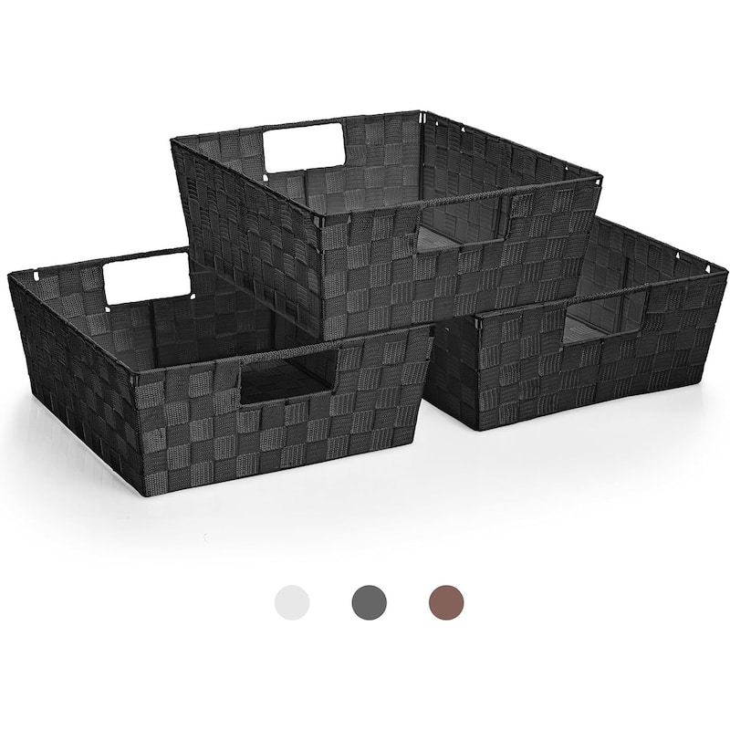 Sorbus Woven Basket Bin Shelf Storage Stackable with Woven Straps & Built-in Carry Handles - Set of 3 - 15.12" L x 13" W x 6" H - Black