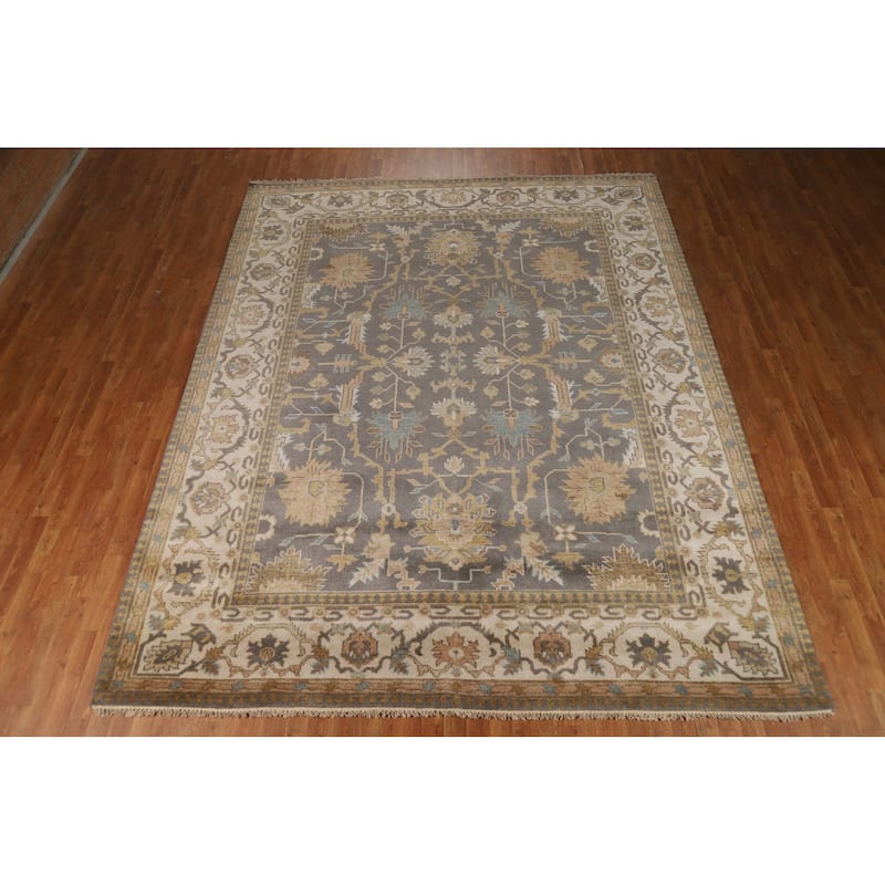Geometric Gray Oushak Indian Area Rug Hand-Knotted Wool Carpet - 9'3"x 11'8"