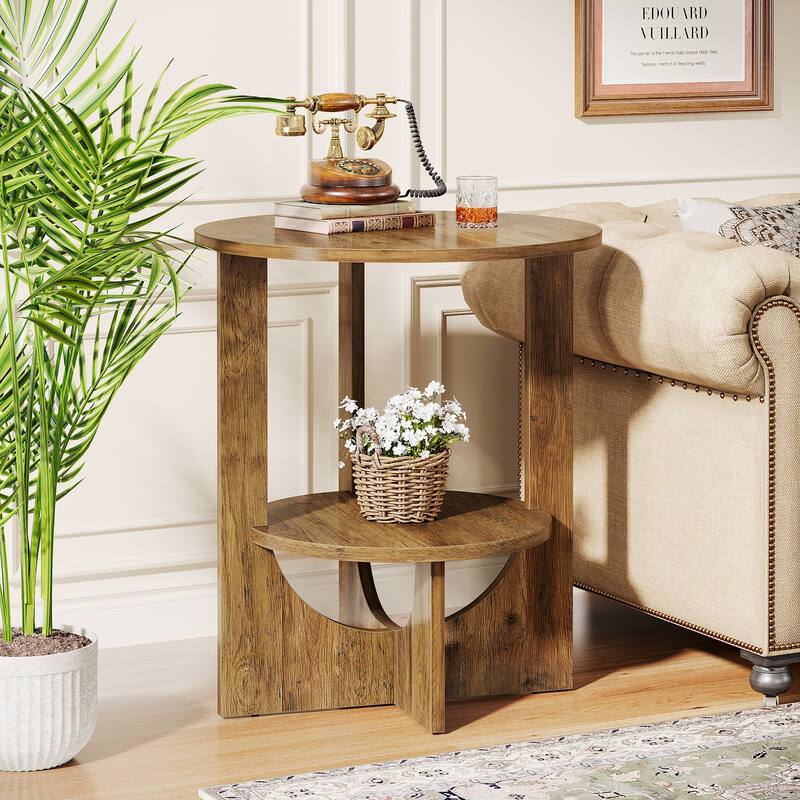 2-Tier Round End Table with Storage, Brown - 1-Piece