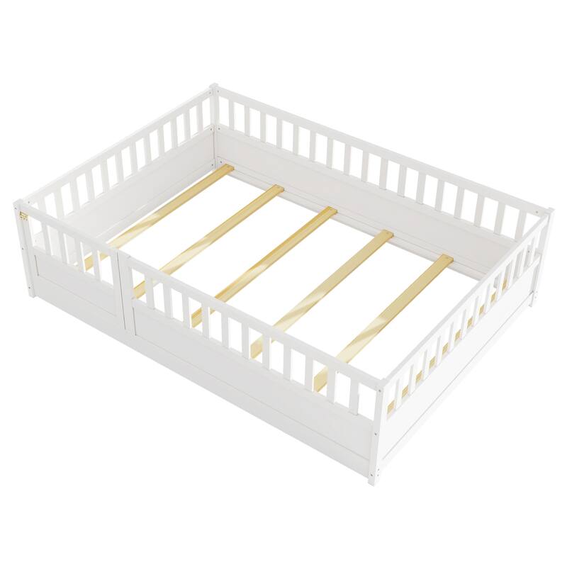 Floor Bed Pine Wood Bed Frame with Fence and Door Easy Assembly
