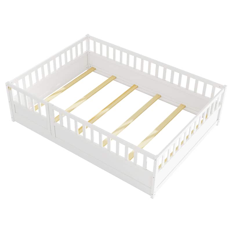 Full Size Pine Floor Bed with Guardrail & Door