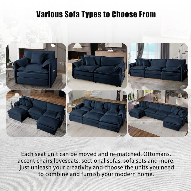 Deep Seat Chenille Sectional Sofa Cloud Couch with Ottoman