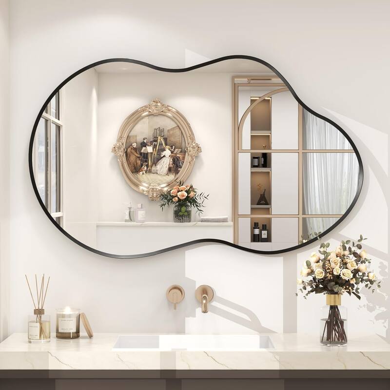 Asymmetrical Cloud High-Strength Aluminum Alloy Framed Easy French Mounted Wall Mirror - 40" x 24" - Black